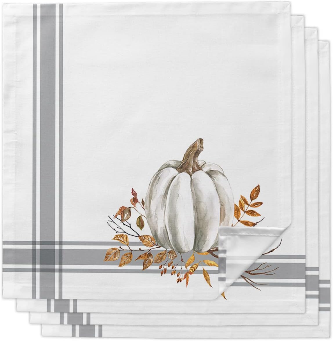 Fall Napkins 20 x 20 Inch Set of 8 White Pumpkin Leaf Branch Reusable Washable Thanksgiving Cloth Napkins Gray Stripes Hand Towels for Picnic Party Table Decorations