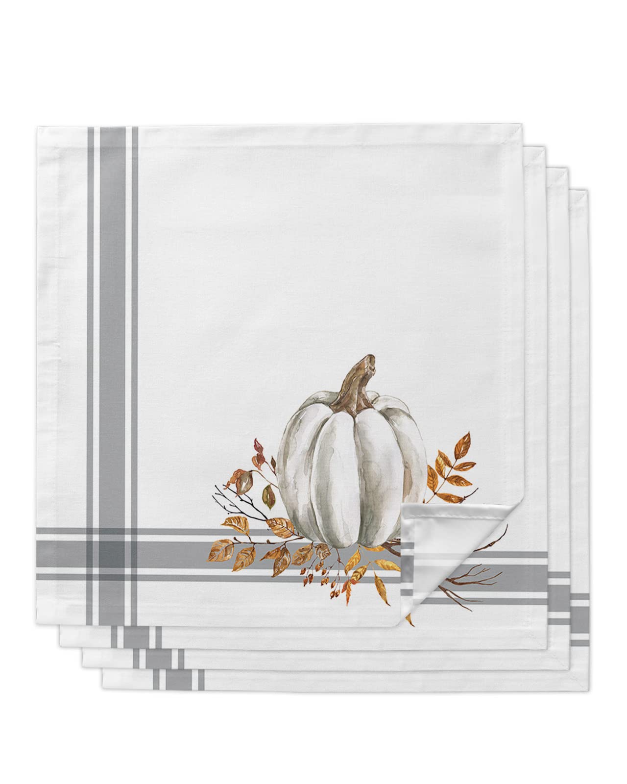 Fall Napkins 20 x 20 Inch Set of 4 White Pumpkin Leaf Branch Reusable Washable Thanksgiving Cloth Napkins Gray Stripes Hand Towels for Picnic Party Table Decorations