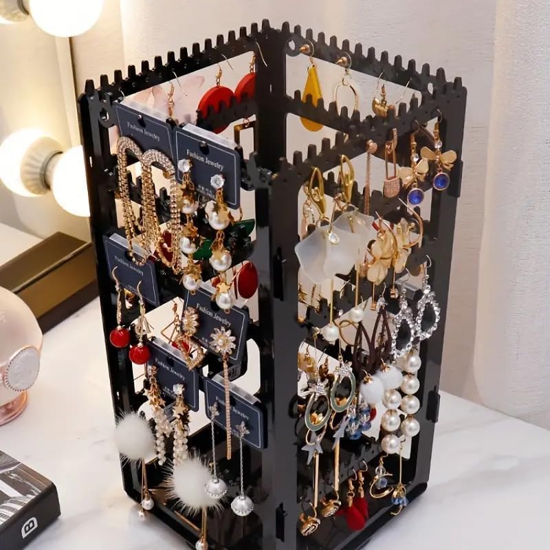 Image of DecoLogy 360 Rotating Transparent Acrylic Jewelry Organizer Tower | Earring Holder Stand with Necklace, Ring & Bracelet Storage | Dust-Free Jewelry Display Organizer for Women | 1 Piece (Black)