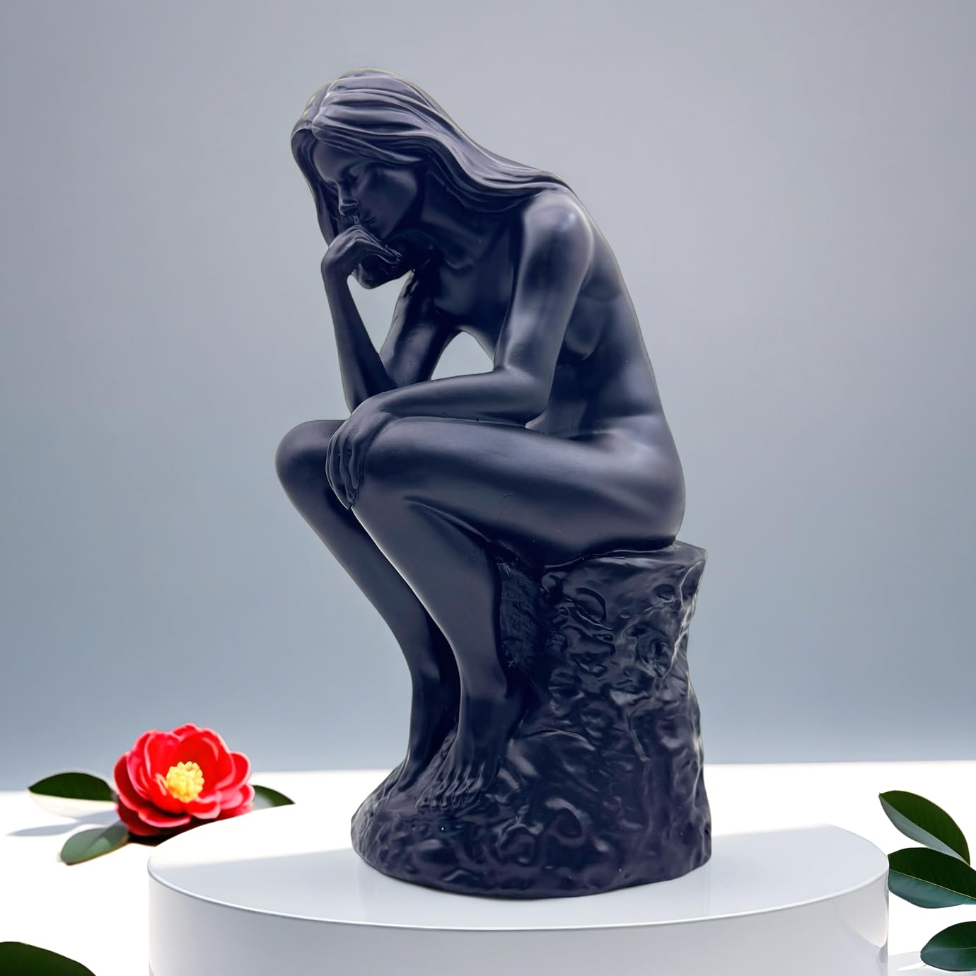 FUNSXBUG Resin The Thinker Woman Statue Thinking Girl Sculptures Collectible Figurine Home Office Decor Living Room Decoration Black