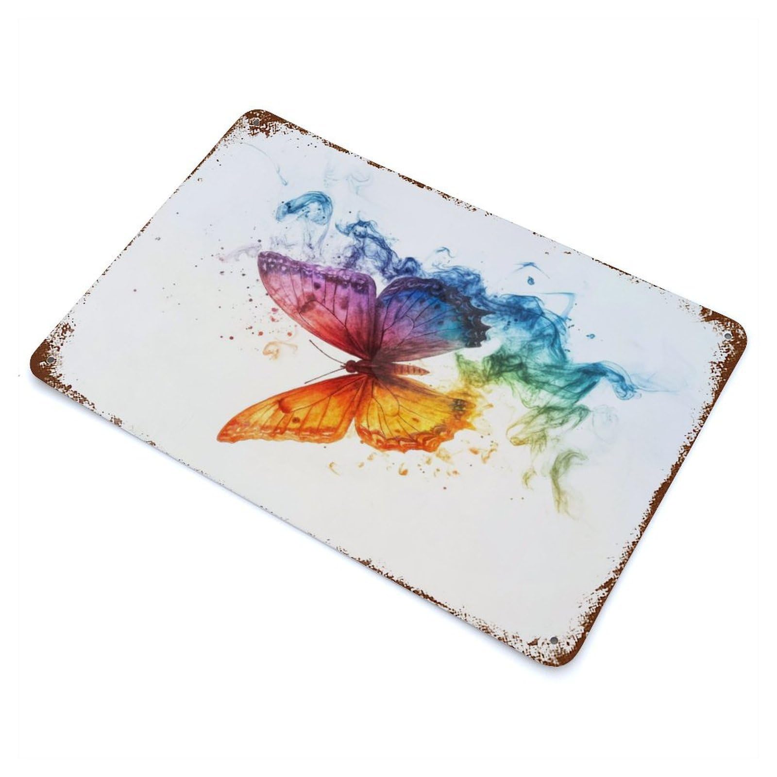 Distressed Metal Wall Sign Rainbow Butterfly 11.8"x7.9", Vintage Wall Decor for Garage, Bar And Workshop Decor