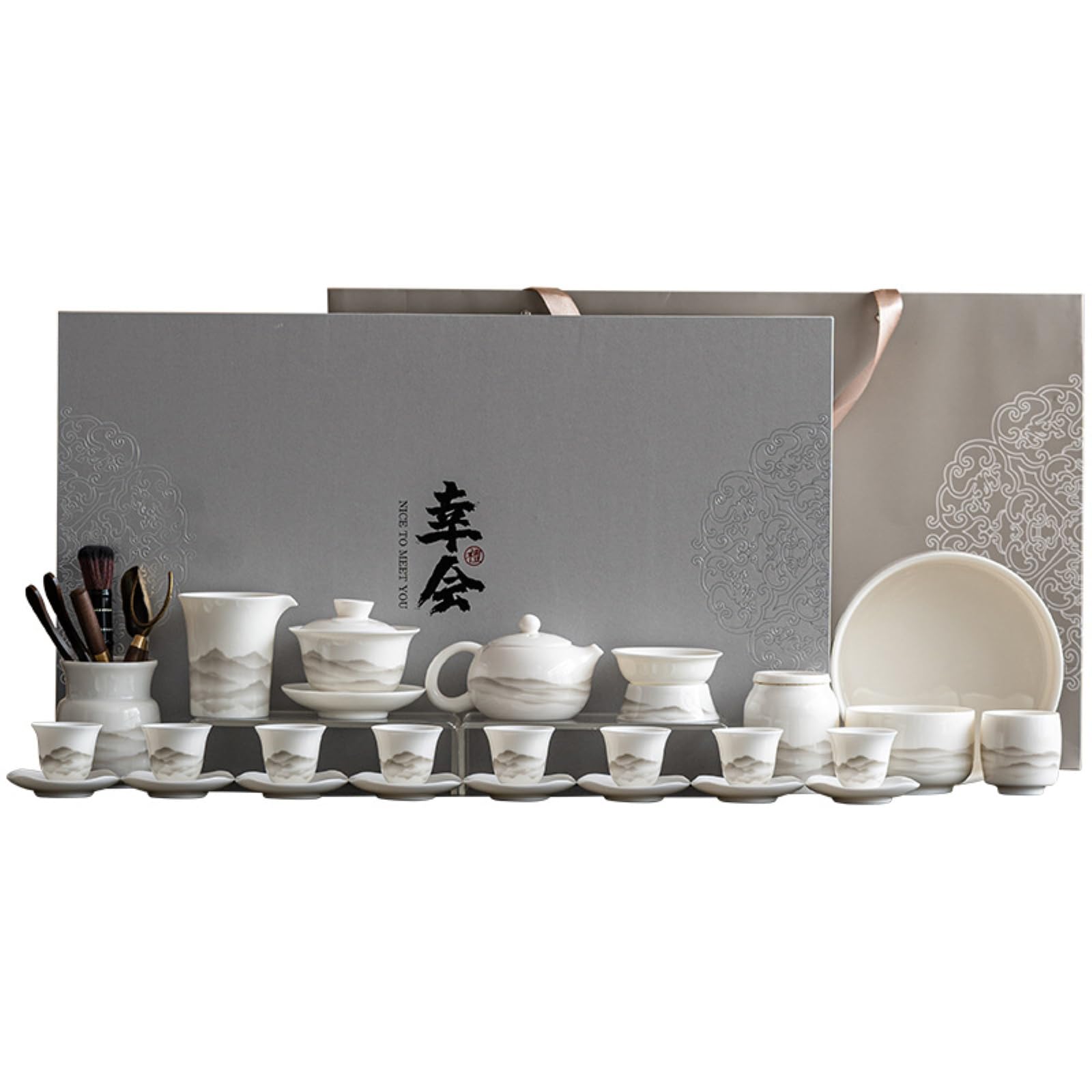 Ceramiczny zestaw do herbaty chińskie biuro domowe luksusowe retro miska z pokrywką o wysokiej temperaturze + czajniczek zestaw 12 [pudełko]