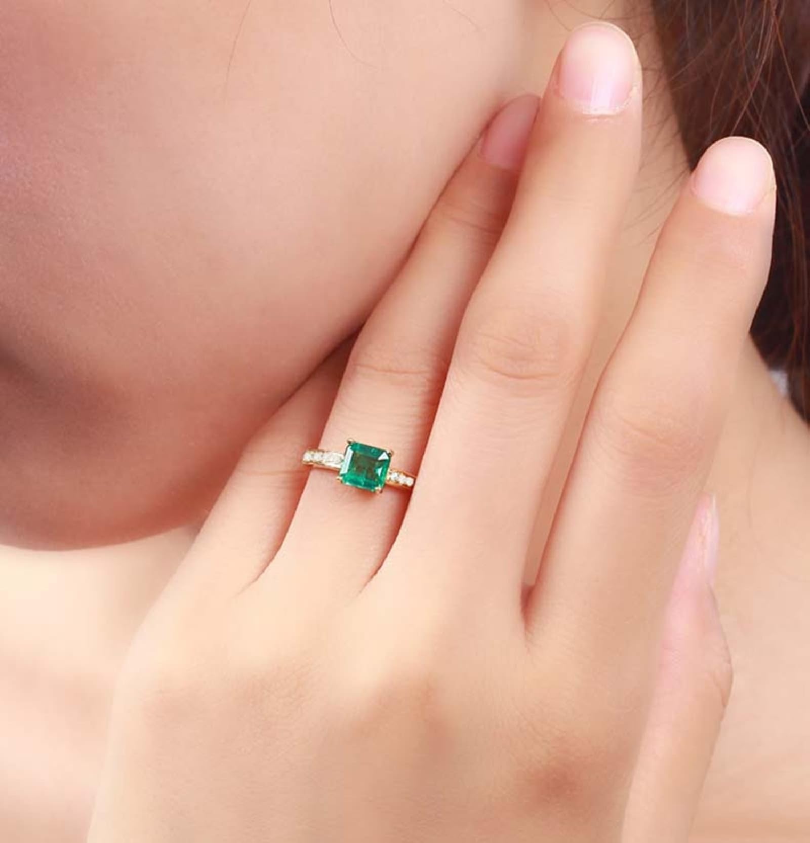 Wycian Ringe Frauen Verlobung Gold Ringe Frauen 18K Im Labor Hergestellter Smaragd Rechteck Größe 47 (15.0) Massiv, Nicht Plattiert Aktualisierung 3.0 für Damen Engagement Schmuck