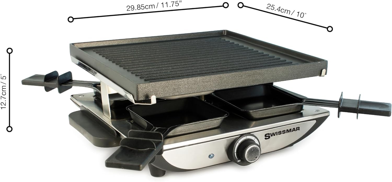 Swissmar Geneva Raclette grill do raclette dla 4 osób, z patelniami i suwakami, mini grill raclette z płytą grillową z powłoką zapobiegającą przywieraniu i 4 patelniami do raclette, 800 W