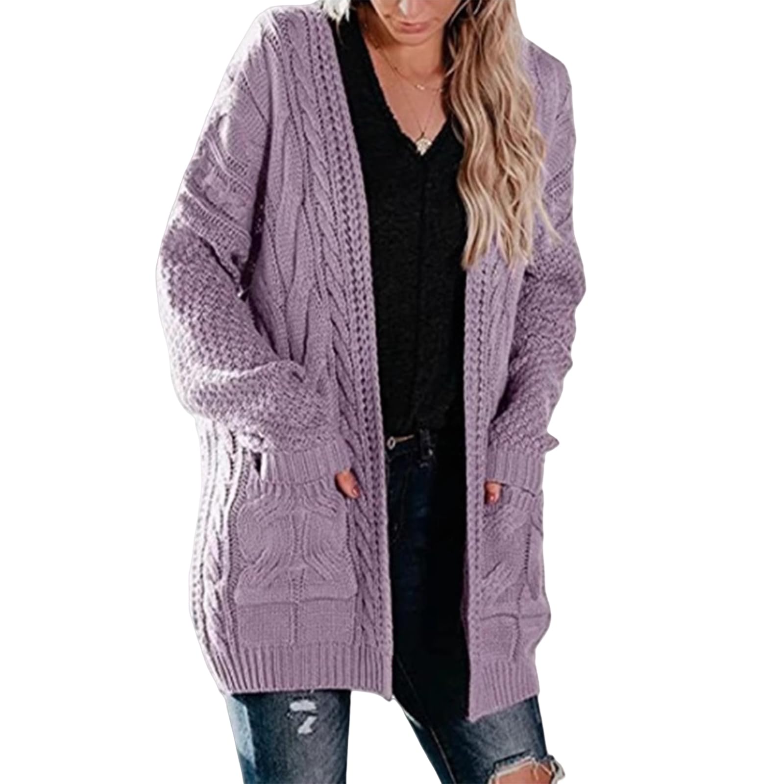 Cardigan Sweaters for Women Chunky Cable Knit Open Front Cardigans Long Sleeve Lightweight Fall Outerwear with Pockets
