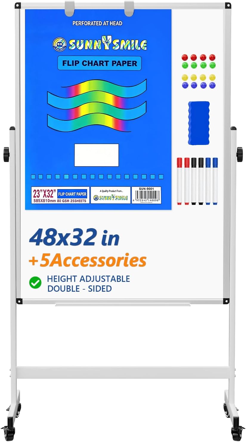 SPECILITE Large Rolling Whiteboard Double Sides - 48 x 32 Inches Magnetic Dry Erase White Board Height Adjust Mobile Portable Easel on Wheels, Dry Erase Board with Stand for Office, Classroom& Home