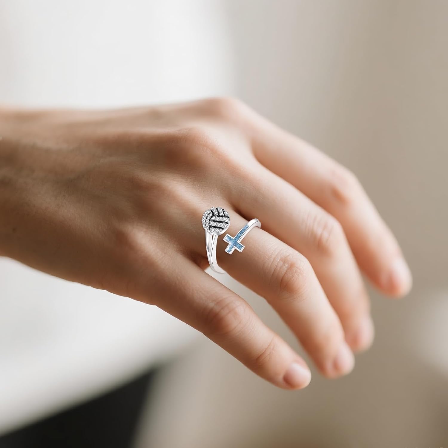 URONE Volleyball Ring 925 Sterling Silver Turquoise Volleyball Adustable Ring Sports Jewelry Gifts for Women Men - Image 2