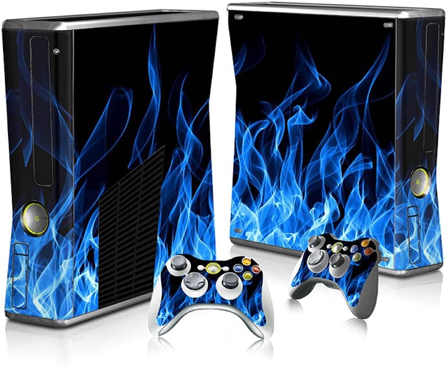 Whole Body Protective Vinyl Skin Decal Cover for Microsoft Xbox 360 Slim Console Xbox 360 Slim Skins Wrap Sticker with Two Free Wireless Controller Decals Blue Flame