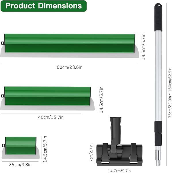 Juego de espátulas de superficie, herramienta de espátula (250/400 mm/600 mm) y barra telescópica de 0,97 m hasta 1,82 m, con adaptador, kit de espátula de alisado multifuncional para grandes (Verde) - 2