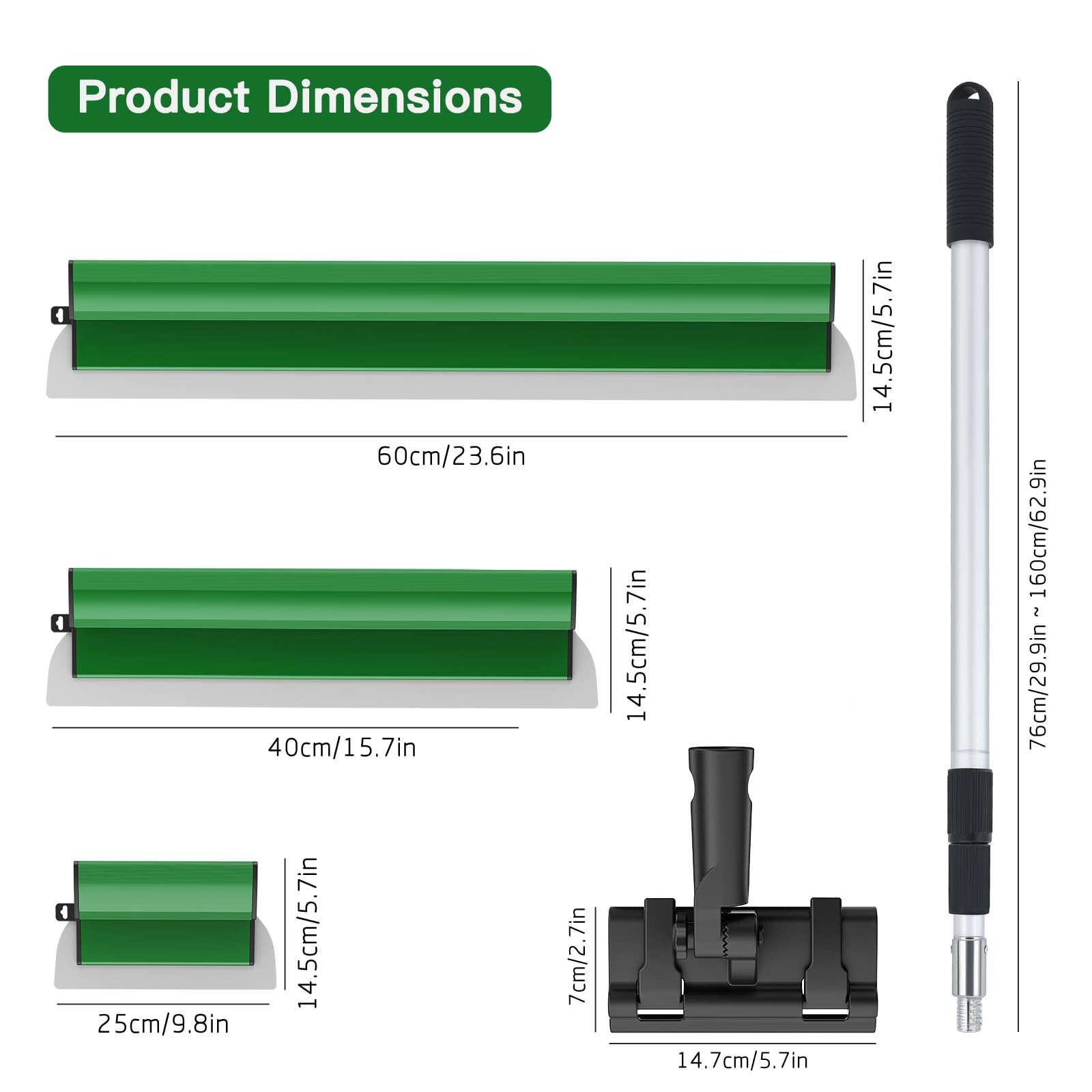 Juego de espátulas de superficie, herramienta de espátula (250/400 mm/600 mm) y barra telescópica de 0,97 m hasta 1,82 m, con adaptador, kit de espátula de alisado multifuncional para grandes (Verde) - 3