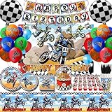 124 PCS Dirt Bike Birthday Party Decorations Set Motocross Theme Party Supplies Motorcycle Birthday Decorations for Fans Tableware Banner Kit for Motocross Themed Celebrations