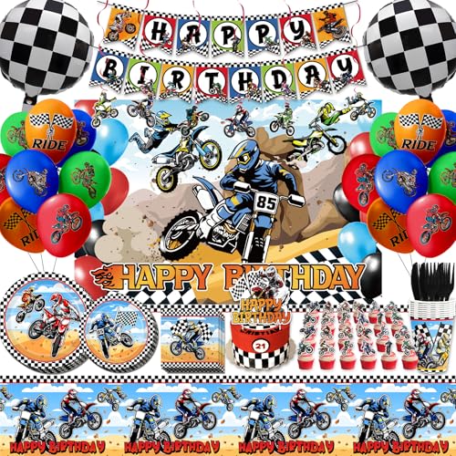 124 PCS Dirt Bike Birthday Party Decorations Set Motocross Theme Party Supplies Motorcycle Birthday Decorations for Fans Tableware Banner Kit for Motocross Themed Celebrations