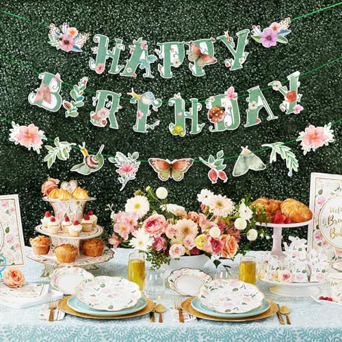 Image of SUNBEAUTY Wildflower Happy Birthday Banner Sage Green Floral Flower Party Decorations Butterfly Flower Banner Summer Spring Butterfly Birthday for Women Girl Baby Shower Garden Tea Party Supplies | Pre-Strung