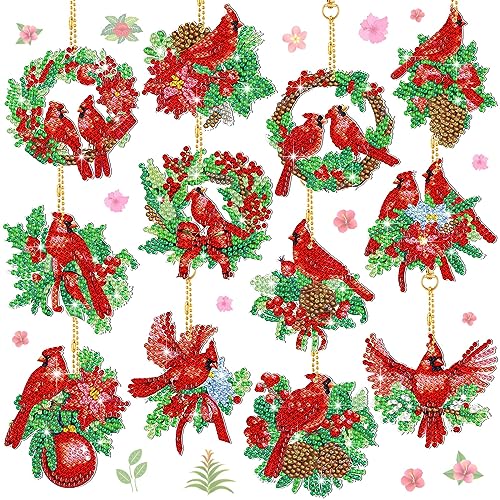 Thinkday 12 Pcs Diamond Painting Keychains Red Bird Diamond Key