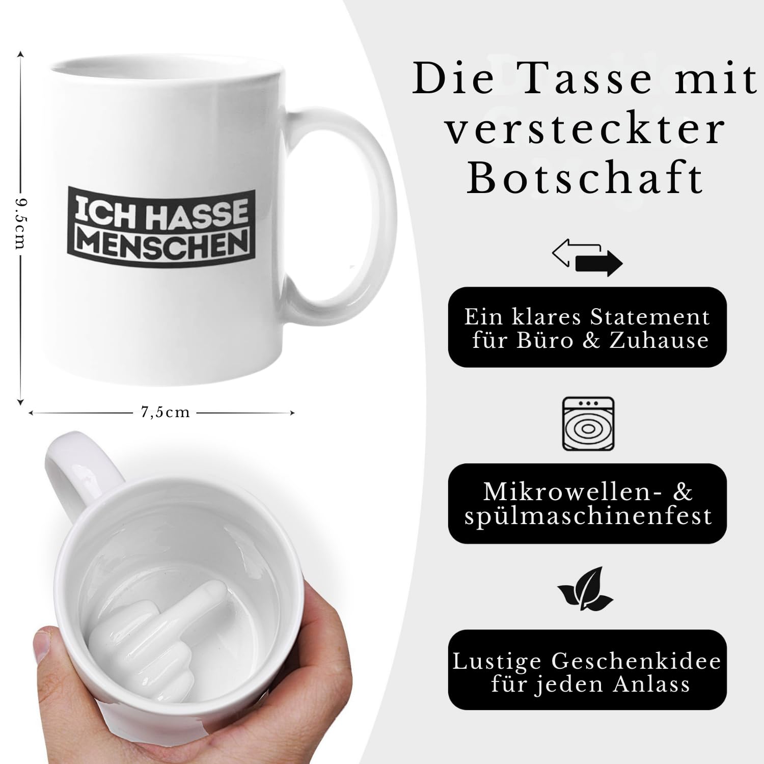 Mittelfinger-Kaffeetasse 300 Ml – Lustiger Scherzbecher Mit 3D-Finger Am Boden, Spülmaschinenfest (weiß)