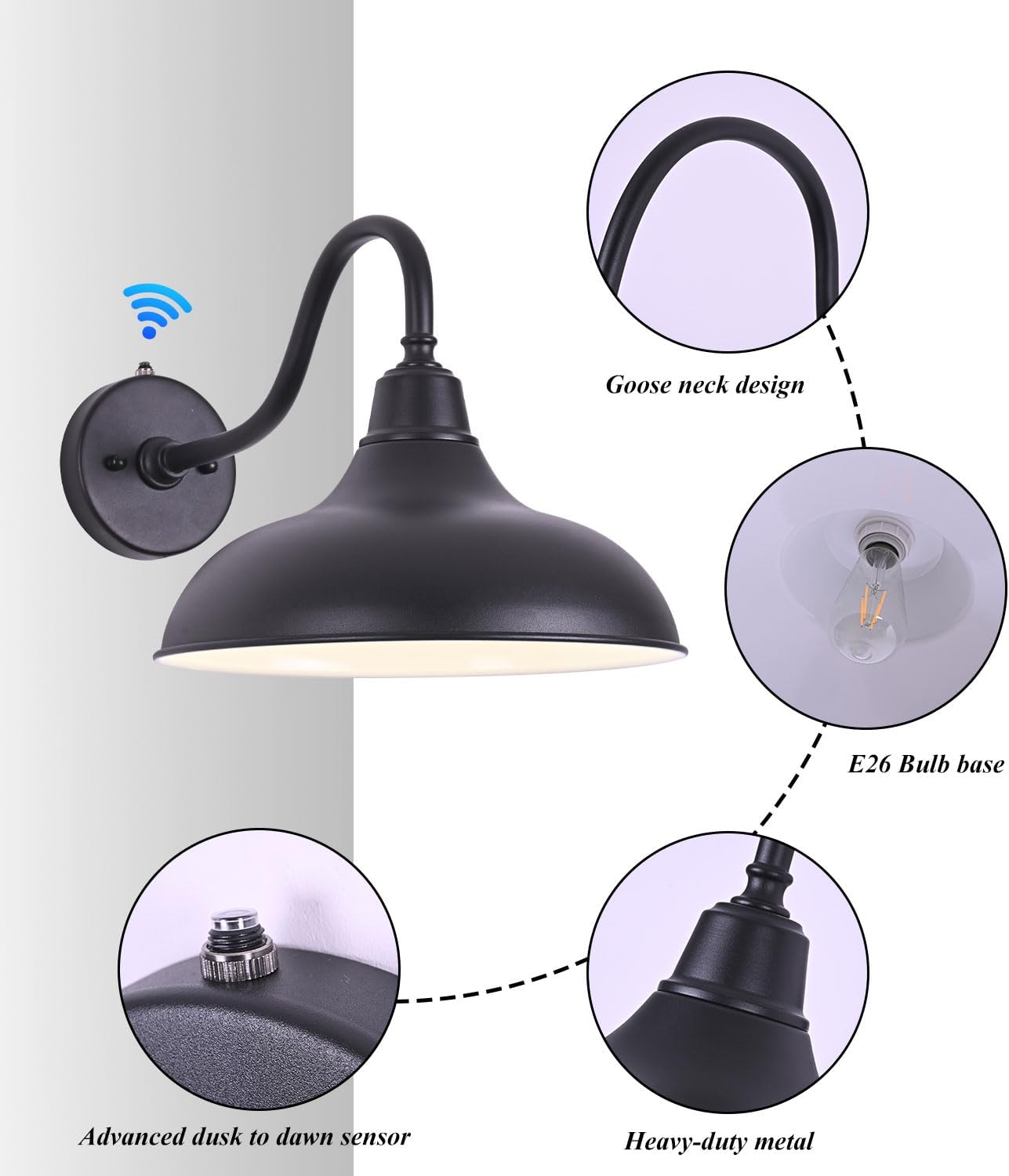 Outdoor Gooseneck Barn Light -12” Black Dusk to Dawn Exterior Wall Sconce Lighting with Photocell for Farmhouse House Porch Entryways Garage (2 Pack)
