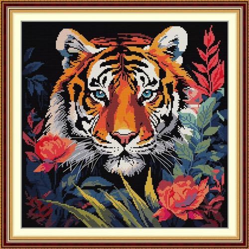 Image of Stamped Cross Stitch Kits Full Range of DIY Needlepoint for Adult Beginners Tiger Pattern, for Gift and Home Decor 14CT 2 Strands 15.7x15.7 inch