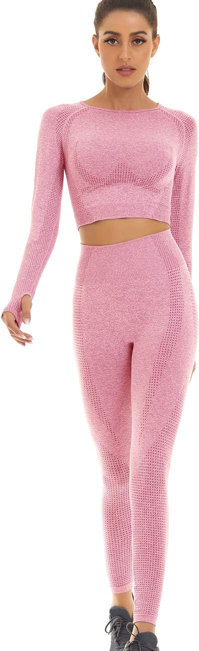 Women Seamless Workout Outfits Athletic Set Leggings + Long Sleeve Top 2 Pieces