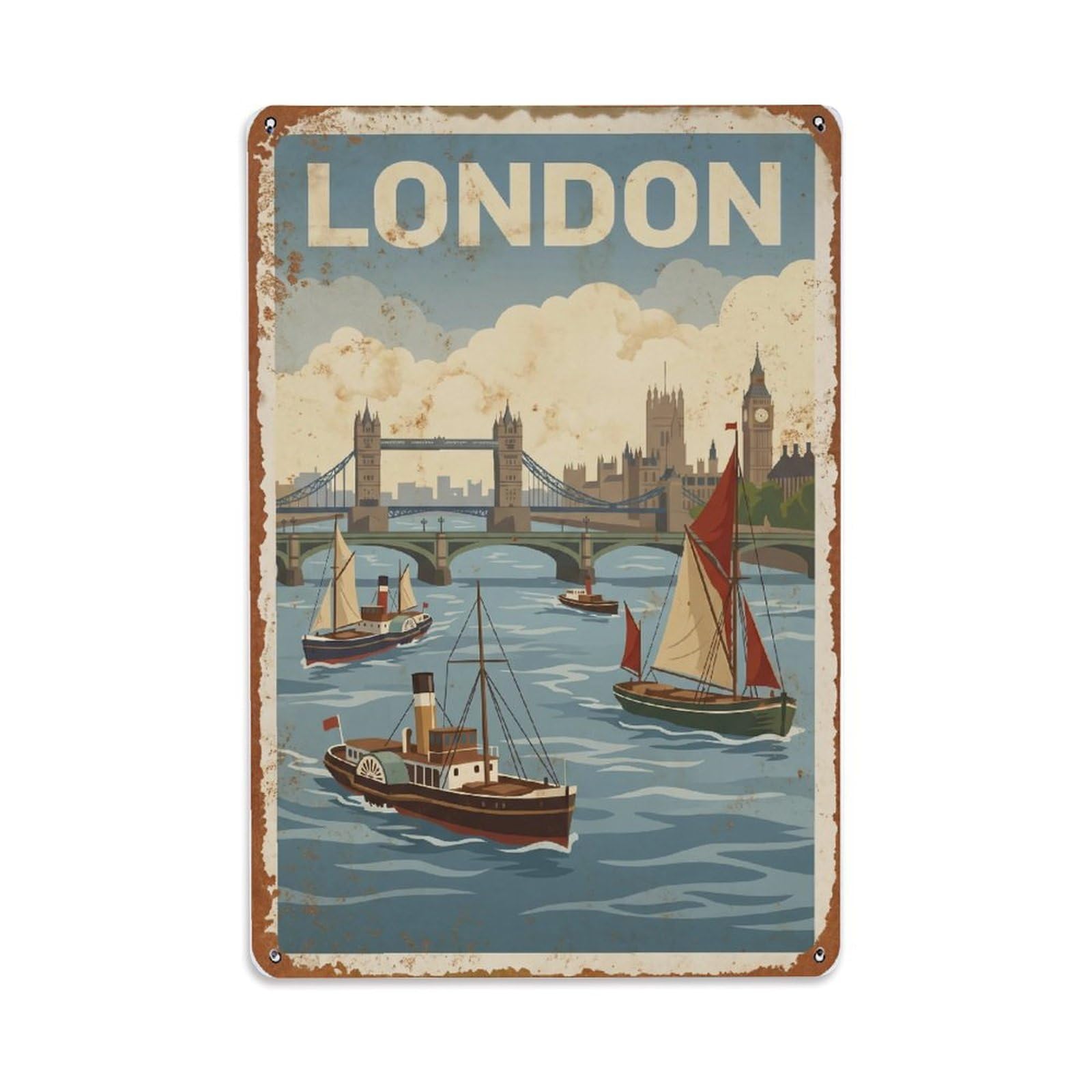 Vintage Travel London Thames River Boats Rusted England Metal Tin Sign Plaque Wall Decor for Cafe, Club Bar, Office, Home Garden Metal Poster 8x12Inch