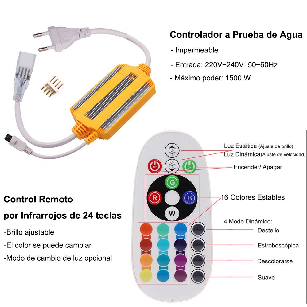 XUNATA 7m Flexible RGB LED Neon light + Control Remoto de 24 teclas, Resistente al Agua 220V 5050 Tiras de LED, Impermeable Líneas de Cables Luminoso Exterior Decoración