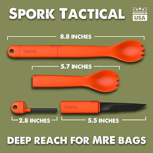Miniatura 2 de Tapirus Spork Tactical Orange  Tenedor de cuchara sin BPA, cuchillo de acero inoxidable y arrancador de fuego, utensilio multiusos 3 en 1  Equipo de
