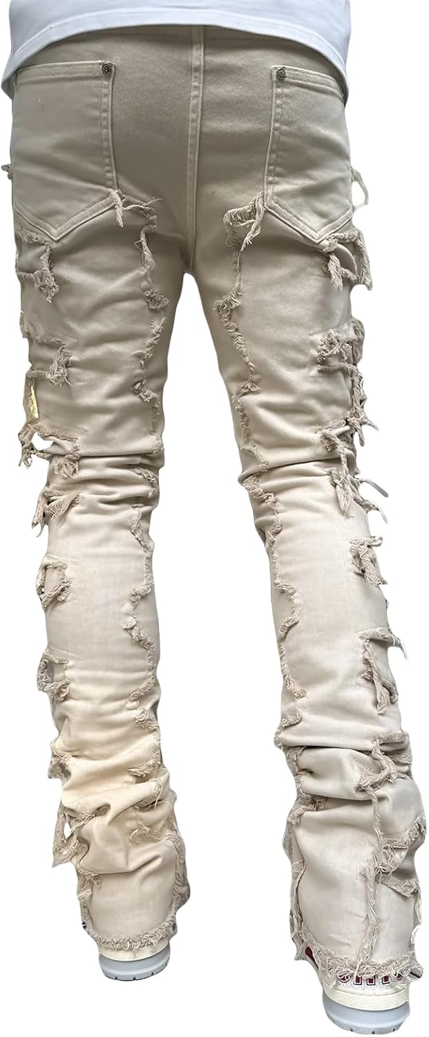 Men's Black Stacked Jeans Ripped Jeans Patch Distressed Destroyed Denim Trousers Streetwear Men Pants Daily Fit - Image 2