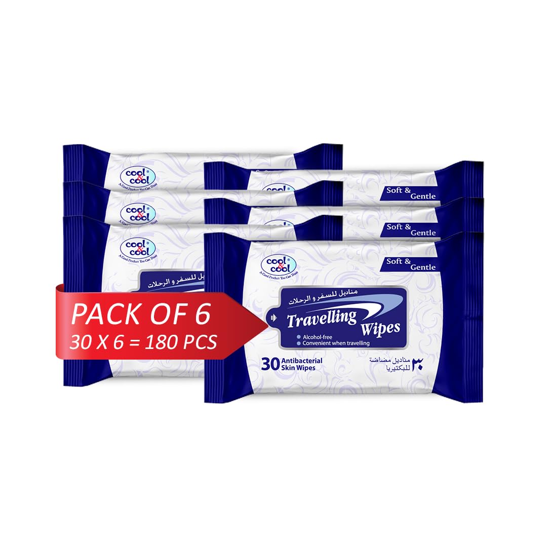 Travelling Skin Wipes - 30's (Pack of 6) - Convenient for Travel, Antibacterial with Vitamin E,Aloe Vera Gel & Herb Extract,Alcohol-Free,Soft & Gentle - 180 Wipes