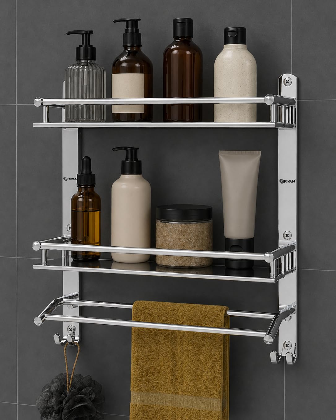 GRIVAN Multipurpose Stainless Steel Double Layer Shelf with Towel Rod I Multipurpose Wall Mount Bath Shelf Organizer l Bathroom Shelf and Rack I Bathroom Accessories - Chrome Finish, Silver-picture-10