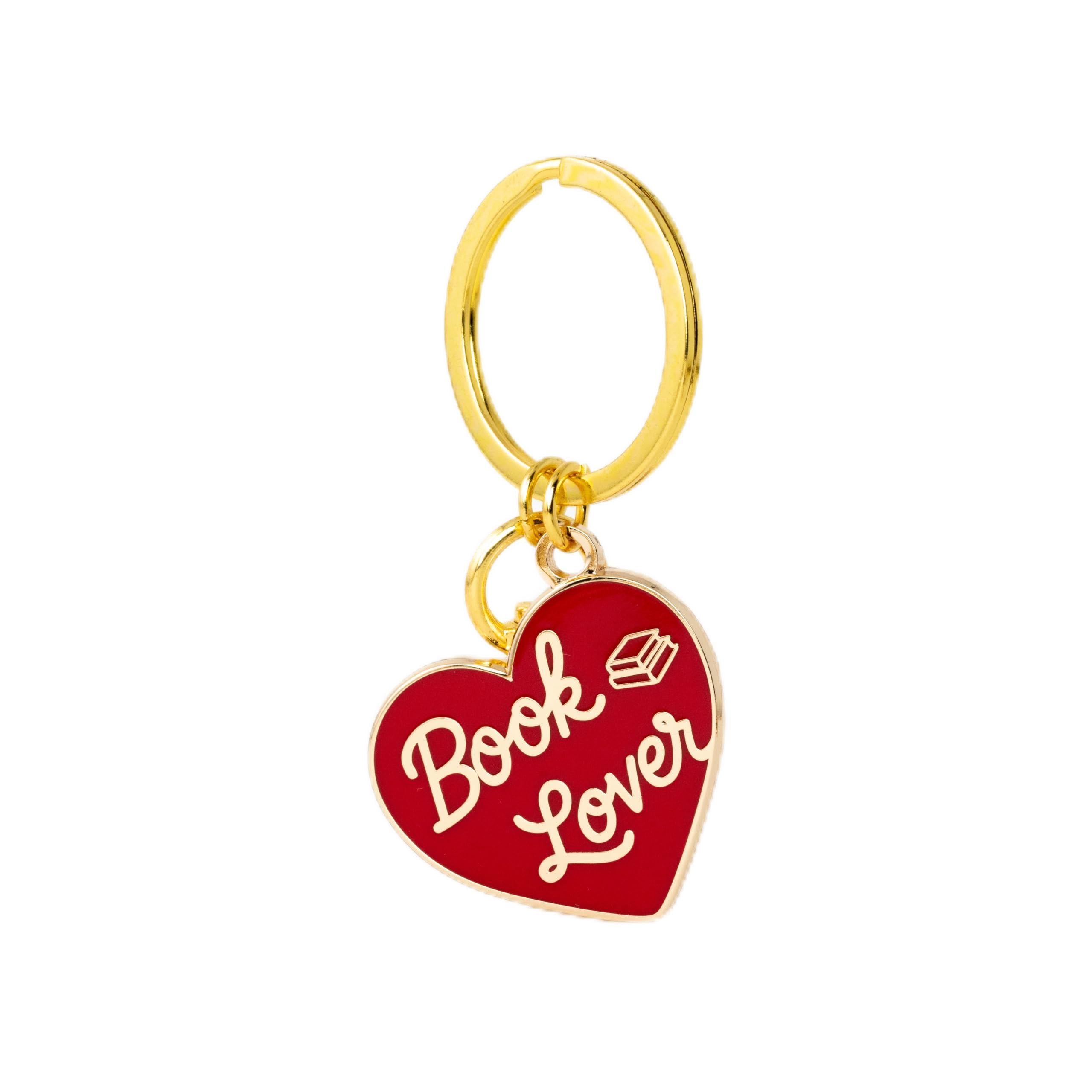 Book Lover Heart Keychain & Bag Charm - Vintage Style, Hand-Illustrated, Hard Enamel, Gold Finish, Literary Gift, Double Ring & Bag Charm Clasp