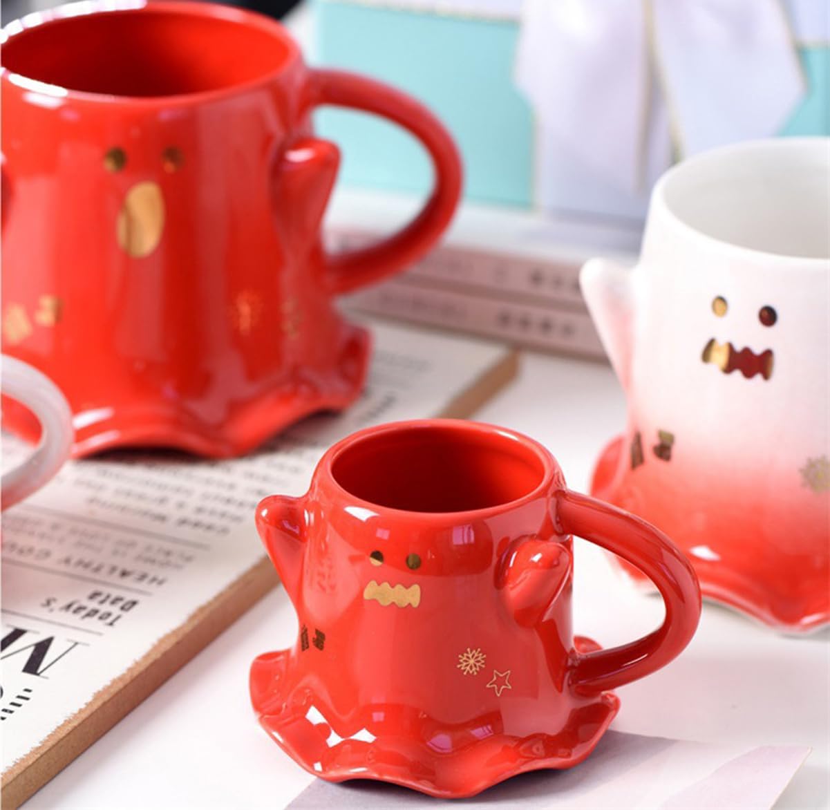 KKGUD Novelty Mini Cup, Ceramic 4.5oz Halloween Coffee Cup with Spoon- Scary Ghost (Red), Scary Ghost- Red, 130ml, Small - Image 3