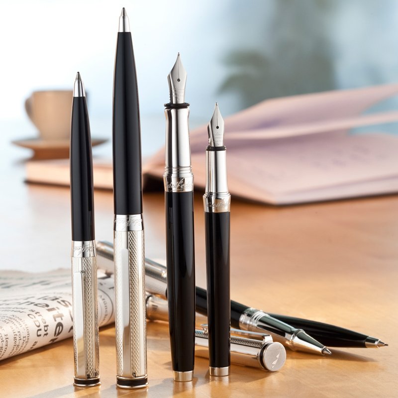 Waldmann Rollerball Edelfeder, Tintenroller Lack Schwarz, echt Silber