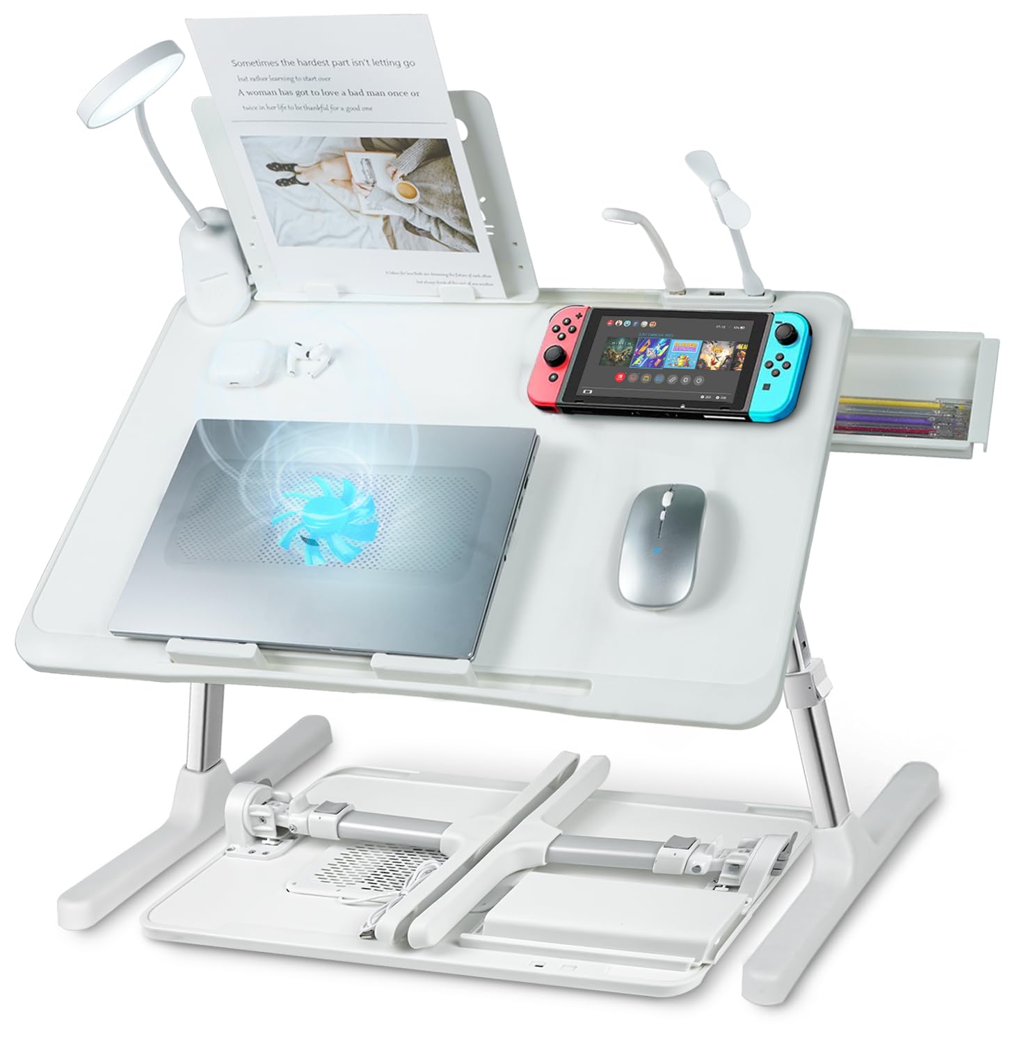 Table De Lit Pliante Avec Ventilateur USB Et Lumière – Hauteur Et Inclinaison Réglables – Pour Ordi, Repas, Lecture - 13