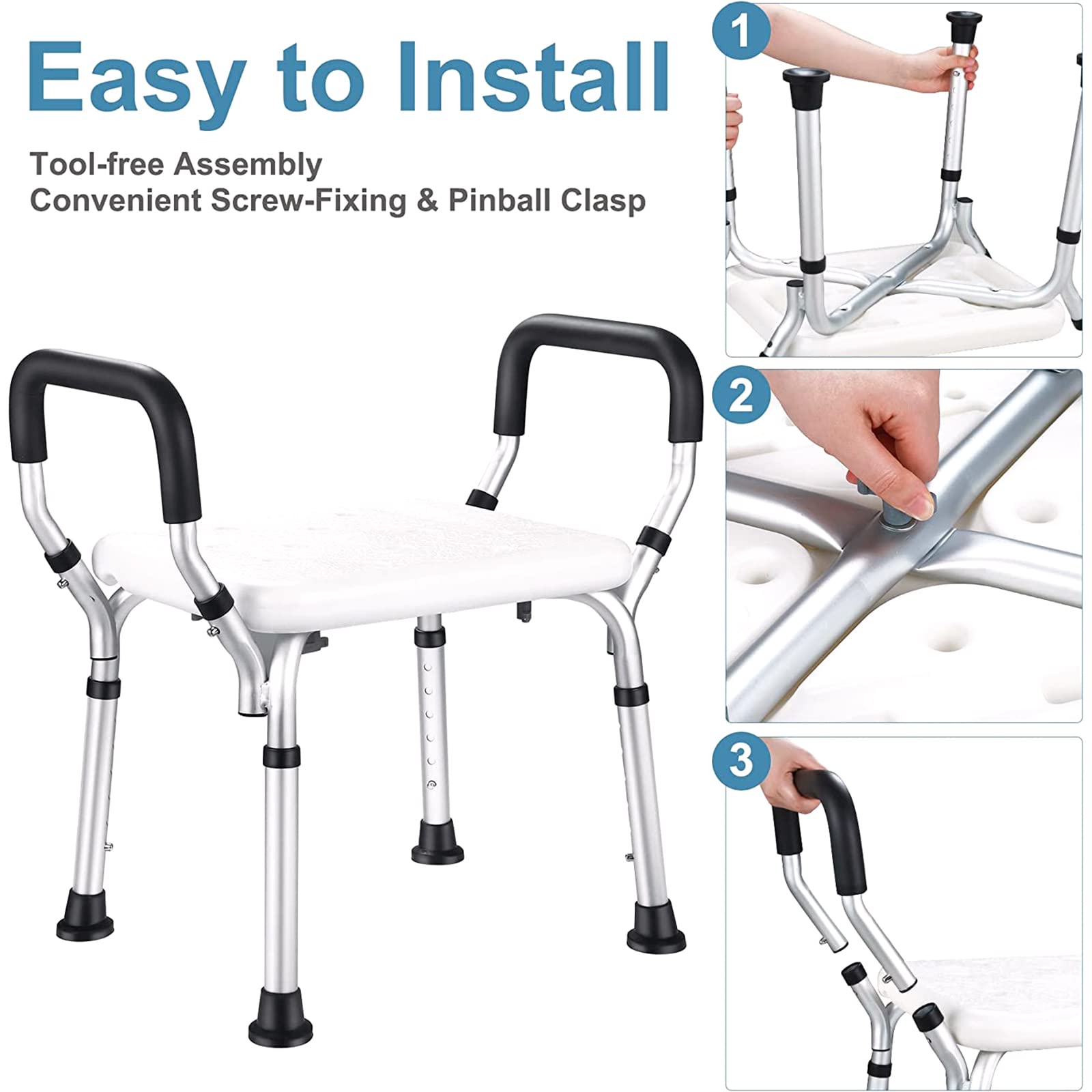 Silla De Ducha, Asiento De Ducha Regulable En 6 Posiciones En Altura, Taburete De Ducha Antideslizante con Brazos Y Agujeros De Desagüe, para Ancianos O Discapacitados, Carga 136 Kg