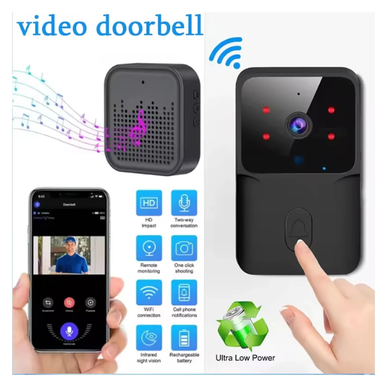 Cámara Video inalámbrica Elegante del Timbre de 1080P WiFi