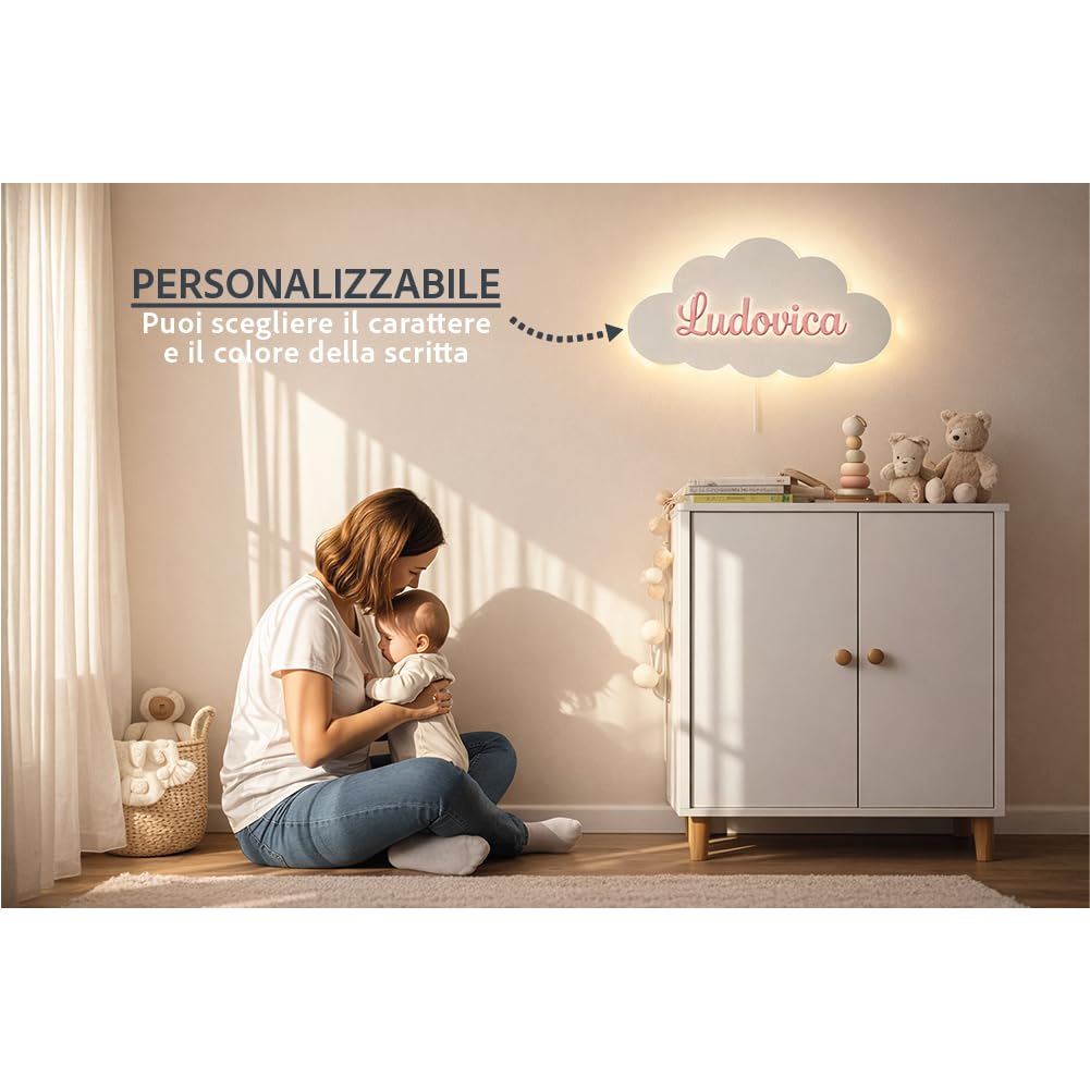Generico Applique a nuvola bianca LED Bianchi Caldi a batteria a Pile Luce Notturna per Camerette dei Bambini Arredo Interni,lampada personalizzata con nome