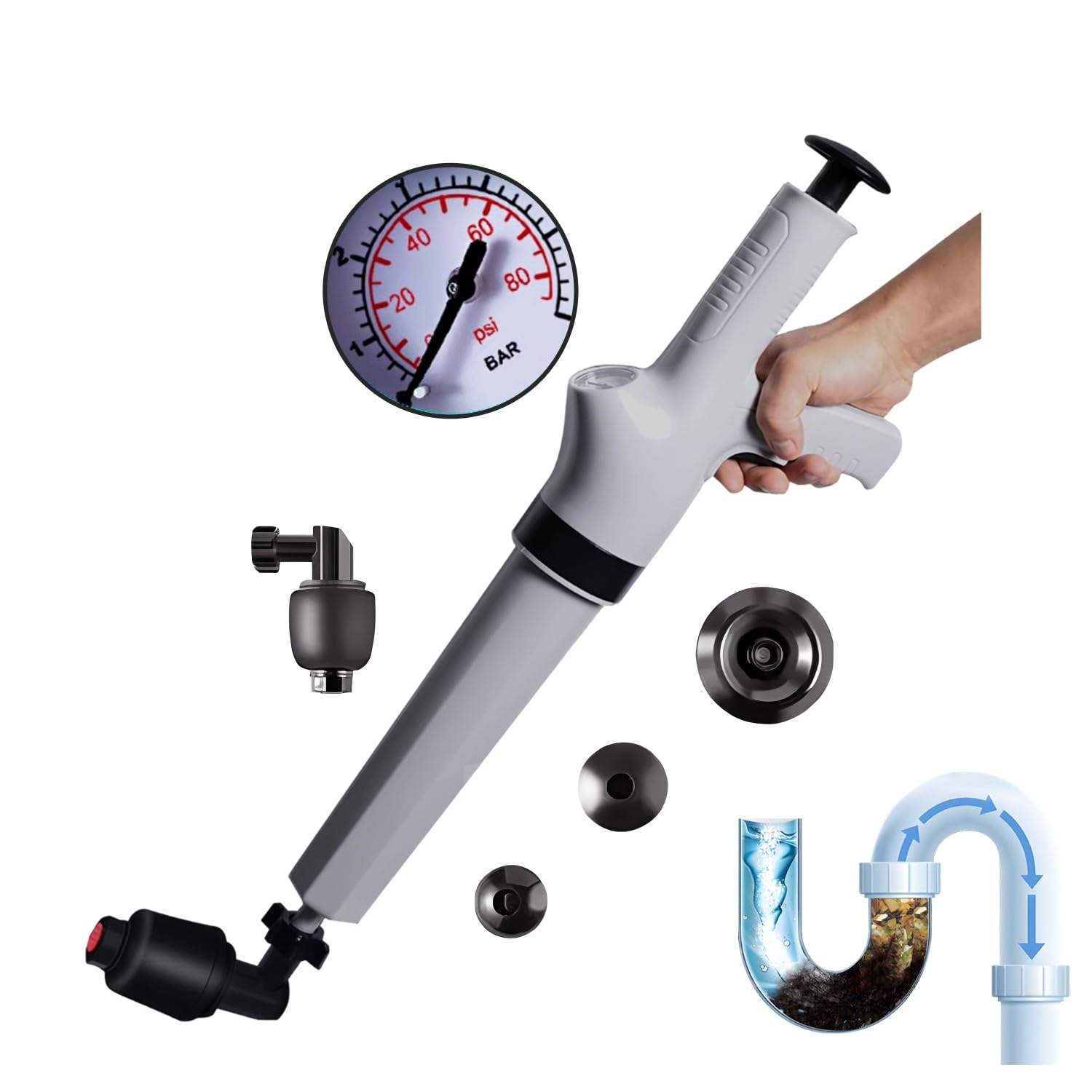 Sturalavandini a Pressione con 4 Teste Sostituibili, Pompa Stura Scarichi a Pressione Stantuffo con Barometro, Stura WC ad Aria Compressa, per Cucina, Vasca da Bagno, Bagno