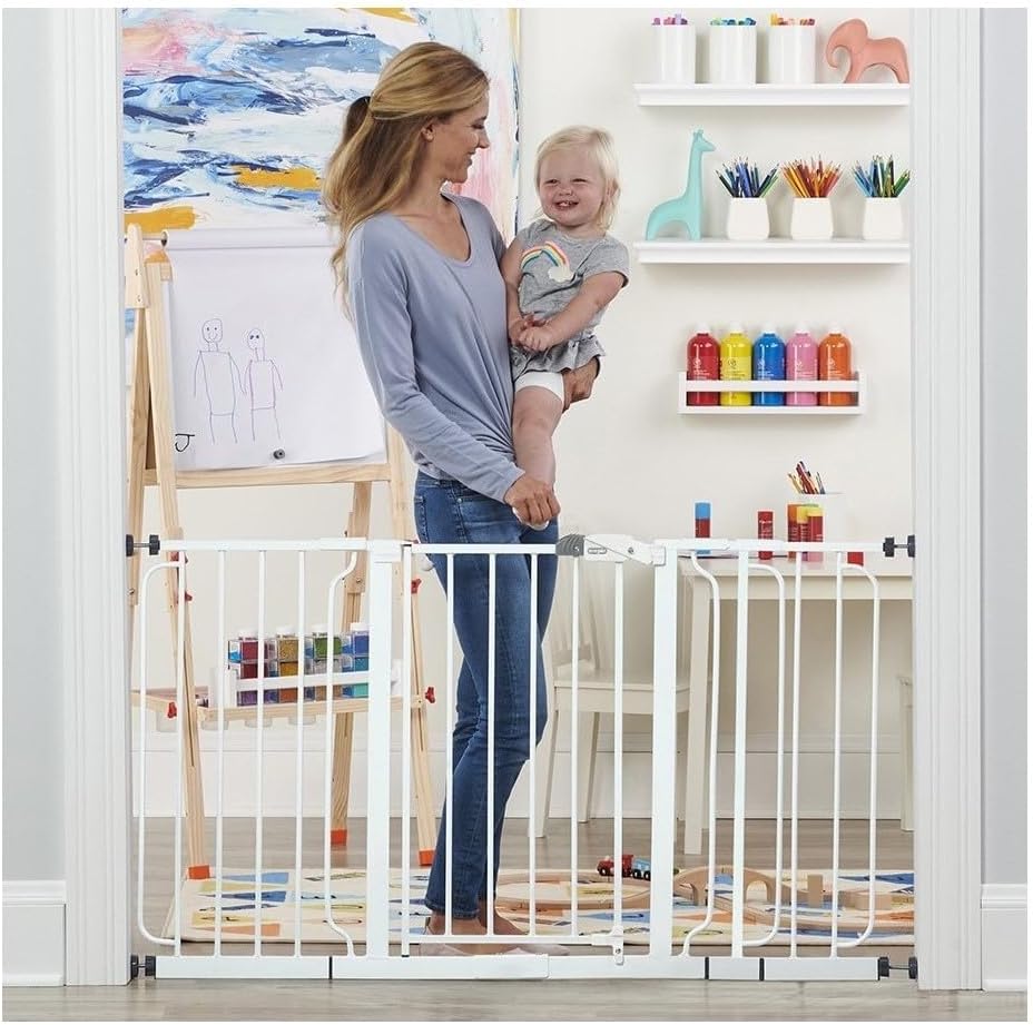 Regalo 56-Inch Extra WideSpan Walk Through Baby Gate, Includes 4-Inch, 8-Inch and 12-Inch Extension, 8 Piece Set – 4 Pack of Pressure Mounts and 4 Pack of Wall Cups and Mounting Kit, White