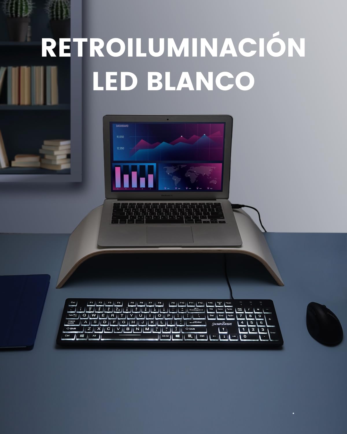 Perixx PERIBOARD-317ES ES un teclado con Cable y retroiluminado LED, Letras impresas en Grande con iluminación Blanca, Teclado Full Size, QWERTY Español