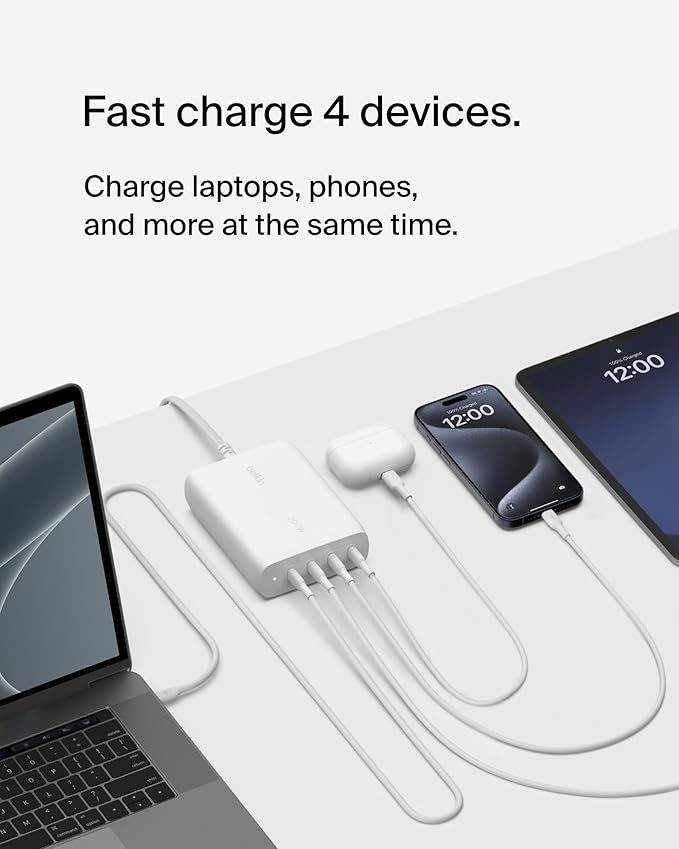 Belkin 4-Port USB C Charger Block 200W - GaN Multi-Port Charger USB-C PD3.1 Fast Charge + 5ft Power Cord - MacBook, iPhone 17, Air, iPad, Samsung Galaxy S25, Google Pixel 10, Nintendo Switch 2 - White