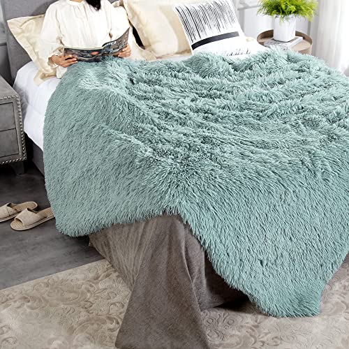 Joniyear Extra Large Decorative Fluffy Faux Fur Blanket Queen Size 80" X 90", Soft Luxury Lightweight Furry Blanket,Solid Cozy Shaggy Plush Fuzzy Blankets For Bed Couch,Thick Warm Winter Blanket, Aqua #TOP2