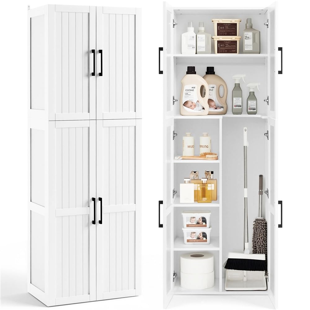 Yaheetech Meuble/Armoire de Rangement avec Compartiment Aspirateur, Colonne avec Étagères Réglables, 4 Portes, pour Salon, Cuisine, Salle de Bain, Blanc, 60x37x175.5 cm