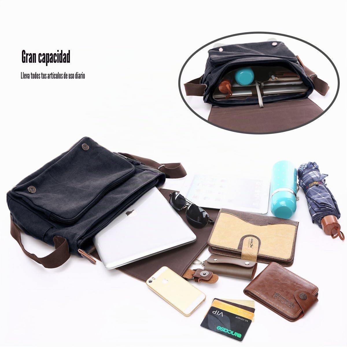 LOSMILE Hombres Bolso de Bandolera Lona Bolsa de Mensajero Bolsa de Hombro 16 Pulgadas Bolsa de Ordenador (Negro)