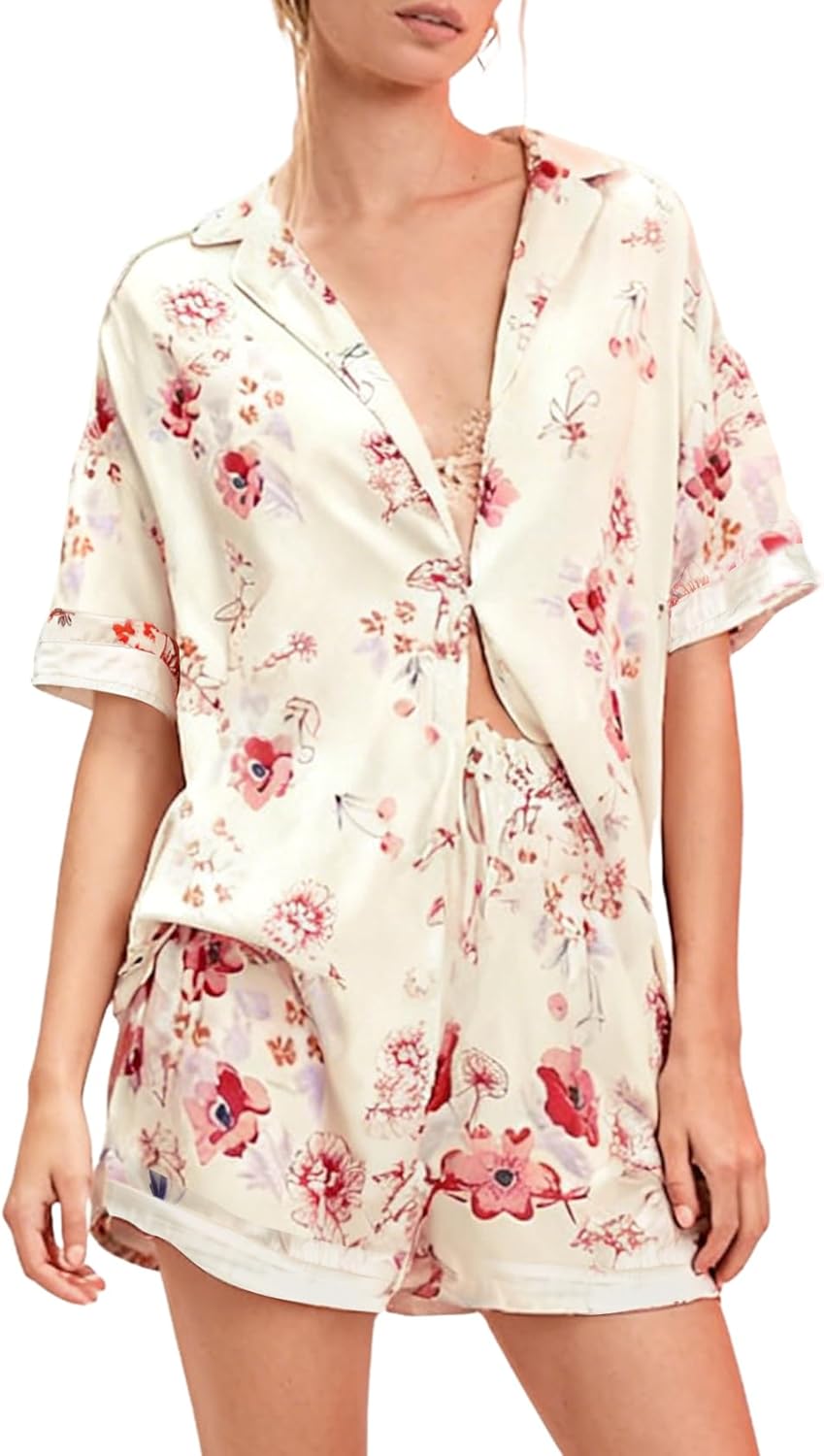 Yimoon Womens Satin Pajama Set Floral Silk Pajamas 2 Piece Short Sleeve Button Down Pjs Set Cuter Sleepwear