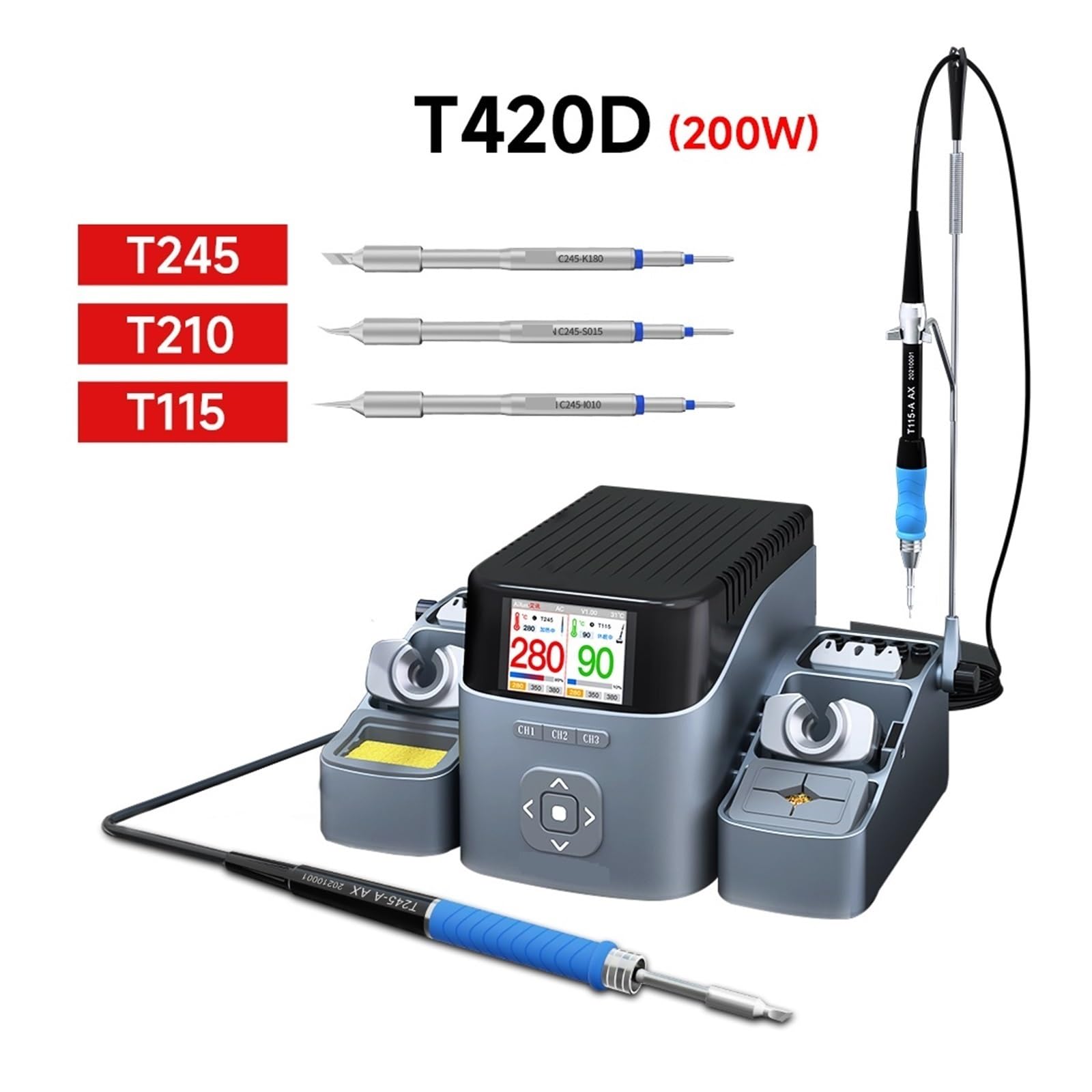 Stacja lutownicza, T420D Dwukanałowa Inteligentna Stacja Lutownicza Kontrola Temperatury HD Wyświetlacz Ciekłokrystaliczny Naprawa Narzędzi Lutowniczych(C245 C210 handle set)