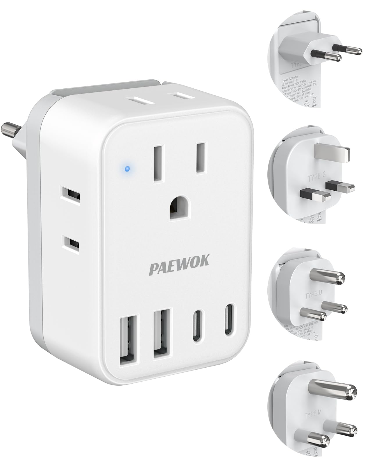 International Travel Adapter Set, US to UK/EU/South Africa/India Universal Power Adapter- 4 AC Outlets 4 USB Ports (2 USB C), Travel Plug Adapter Kit Include Type G/C/M/D Detachable Plug