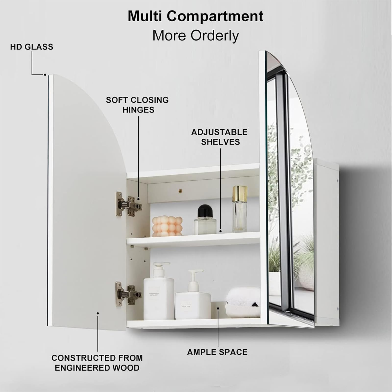 Armadietto da bagno con specchio bianco ad arco con mensola regolabile, soluzione elegante e funzionale per piccoli spazi, moderno bagno nization