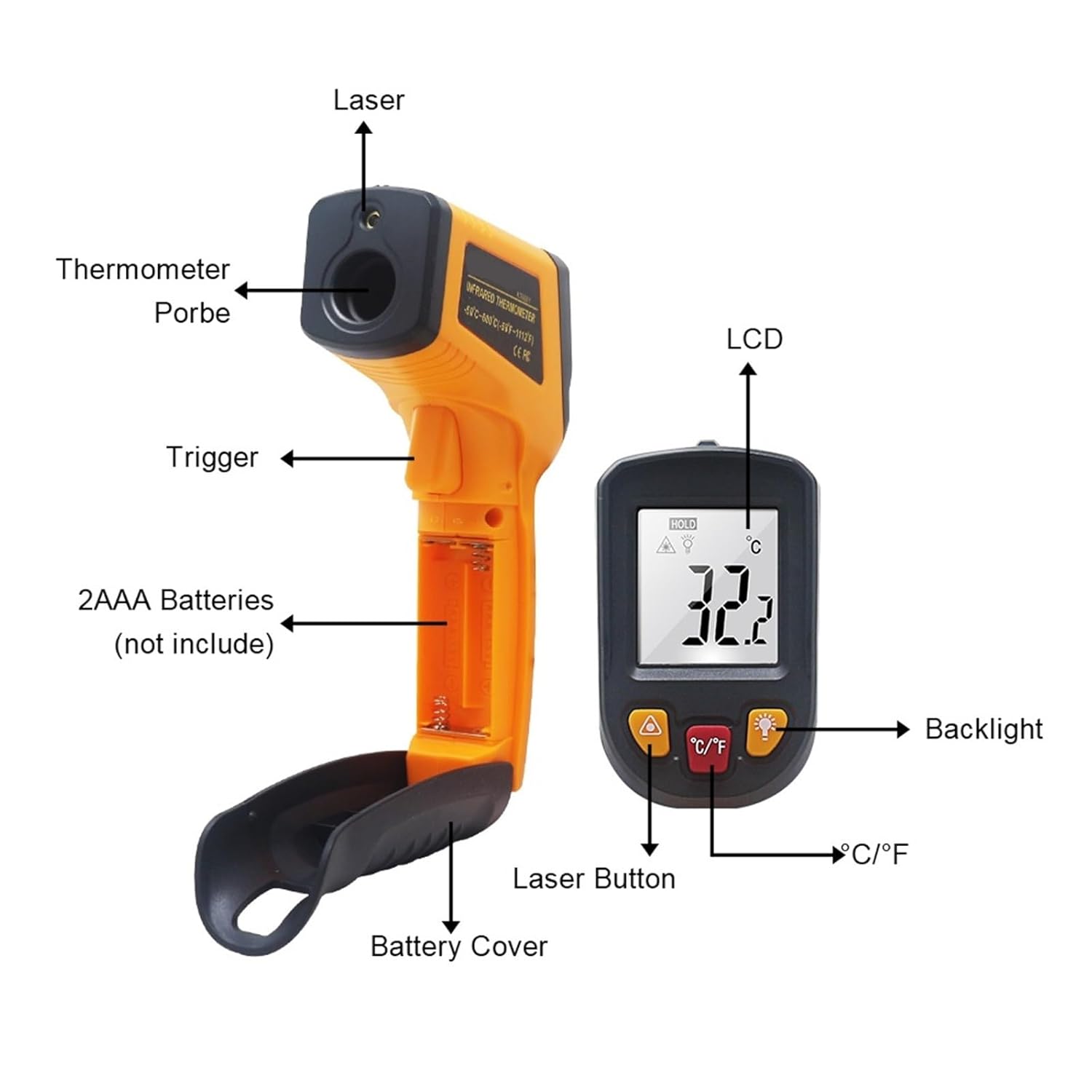 Infrared Thermometer Gun Pyrometer Humidity Meter Digital Thermometer Non-Contact Temperature Monitor for Food Oven Industry(KT550D)