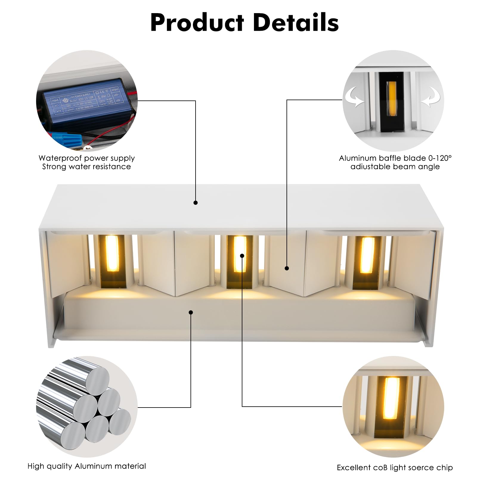 2 Pezzi 36W Applique da Parete Interno/Esterno 3000K Bianco Caldo Applique Esterno Angolo del Fascio Regolabile Moderno Lampade da Parete IP65 Impermeabile Bianco Aapplique da Esterno