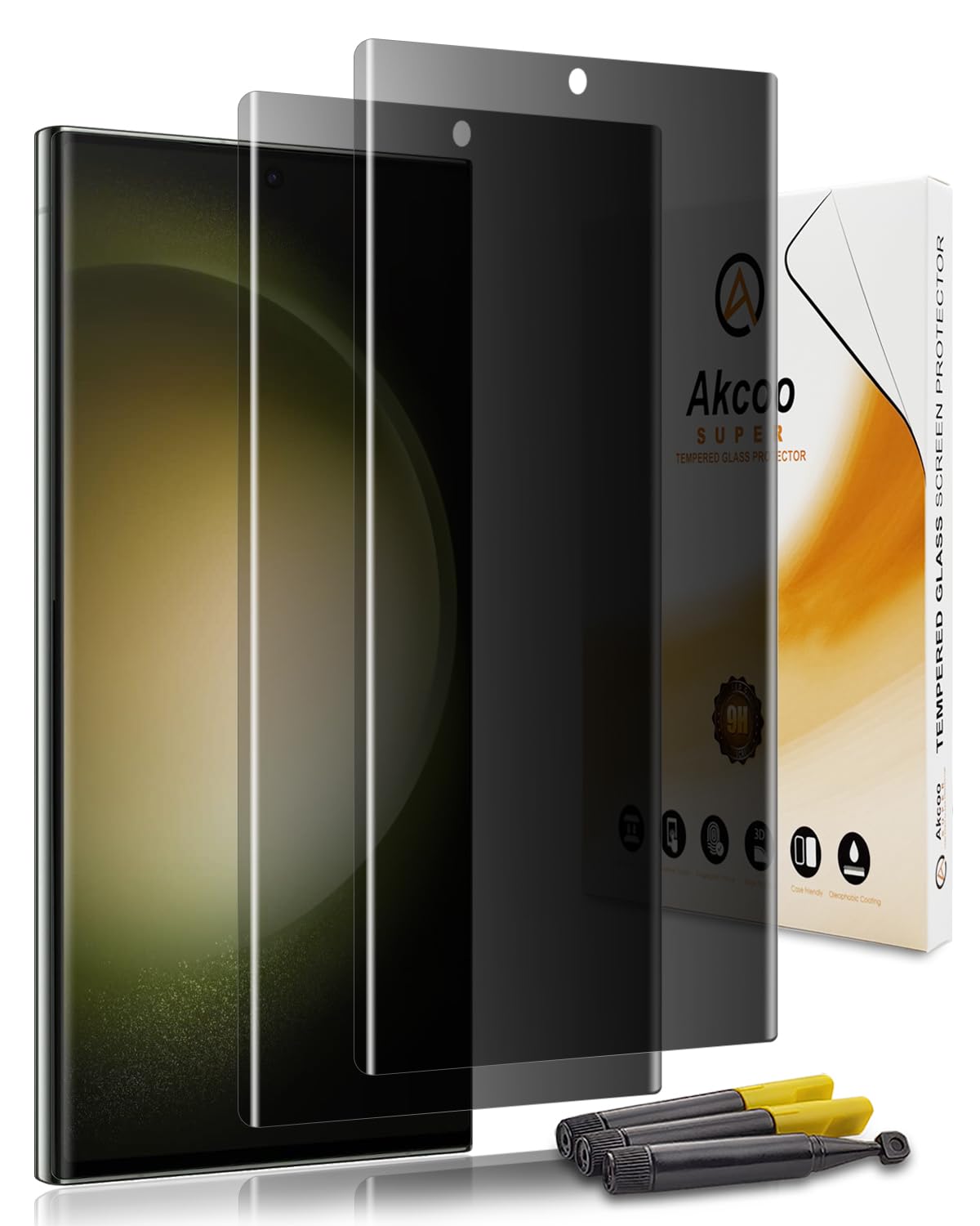 Akcoo 覗き見防止 Galaxy S23 Ultra 用ガラスフィルム【2枚セット】UV硬化 全面保護フィルム,指紋認証対応,旭硝子素材製9H耐衝撃