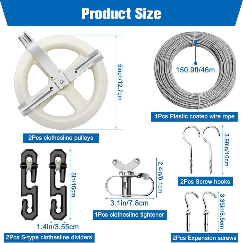 Wäscheleine-Outdoor-Set 47 m PVC-, 2 Rollen und Haken | Dieses Set liefert 47 m PVC-beschichtetes , 2 Rollen und Haken, ideal für Outdoor-Bereiche oder Hotelaufenthalte.